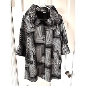 Damee Inc. Geometric Print Coat - Statement Collar, Flared Sleeves - M